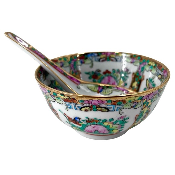 Other - Vintage Asian Chinese Rice or Soup Bowl with Spoon Scoop Hand Painted